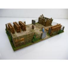 Private small wood warehouse with fence and figure H0