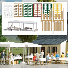 Busch 1830 H0 Catering-Set mit Koch Marktschirme Tische Bänke Stehtische Tischdecke