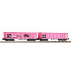 58393 Set of 2 open freight cars Eaos pink of the SBB Epoch VI with graffiti - Piko H0