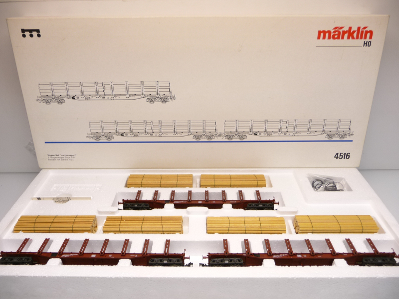 Märklin 4516 H0 Holztransport Wagen Set mit 3 Rungenwagen Snps 719 der DB Echtholz TOP in OVP