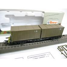 Roco 812 H0 container wagon loaded with 2 containers 2x 20 ft olive green like NEW!!