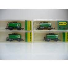 Minitrix N 4-piece tank car set, each with 2 axles, green BP in original packaging